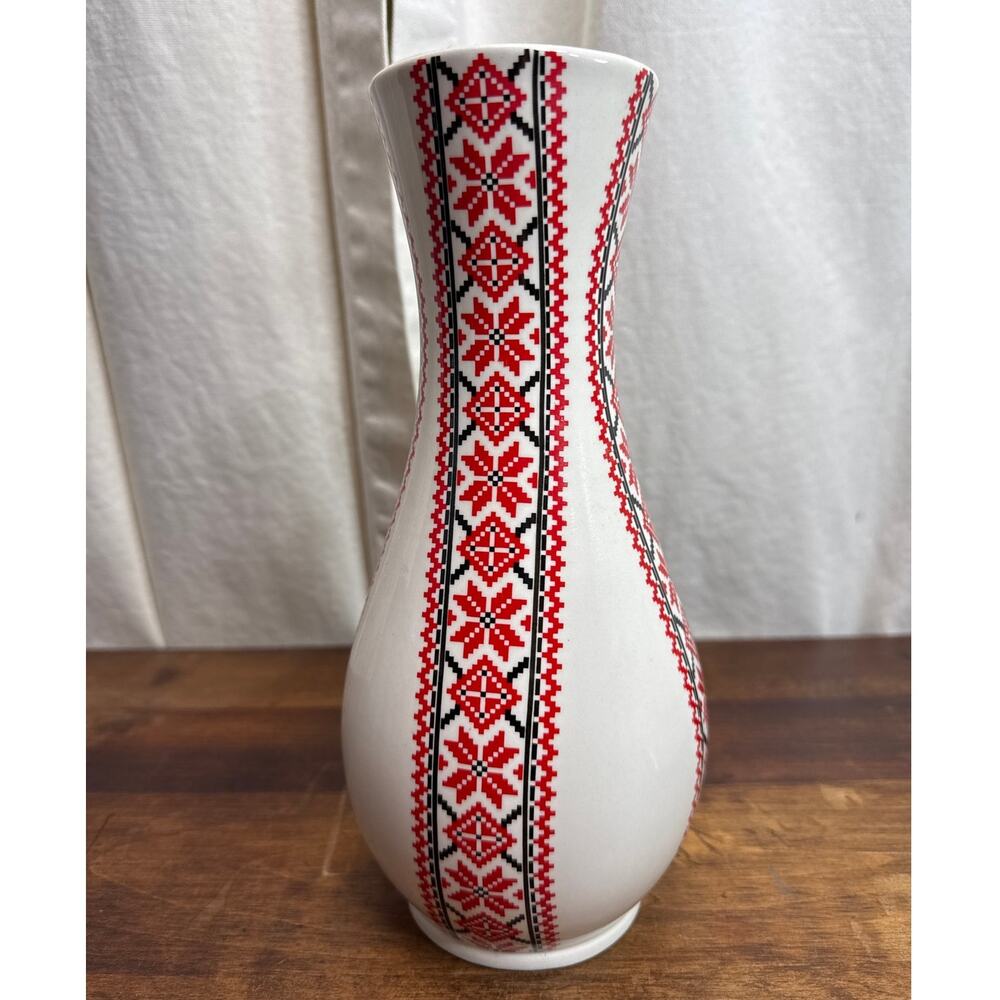 Ukrainian Arts Originals Vintage Folk Red Black Embroidery Pattern Ceramic Vase